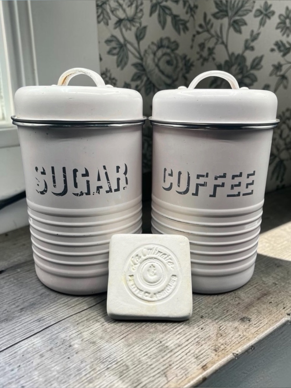 VINTAGE PINK ENAMEL SUGAR & COFFEE CANISTERS WITH BIRD BUTTER MOLD LOT